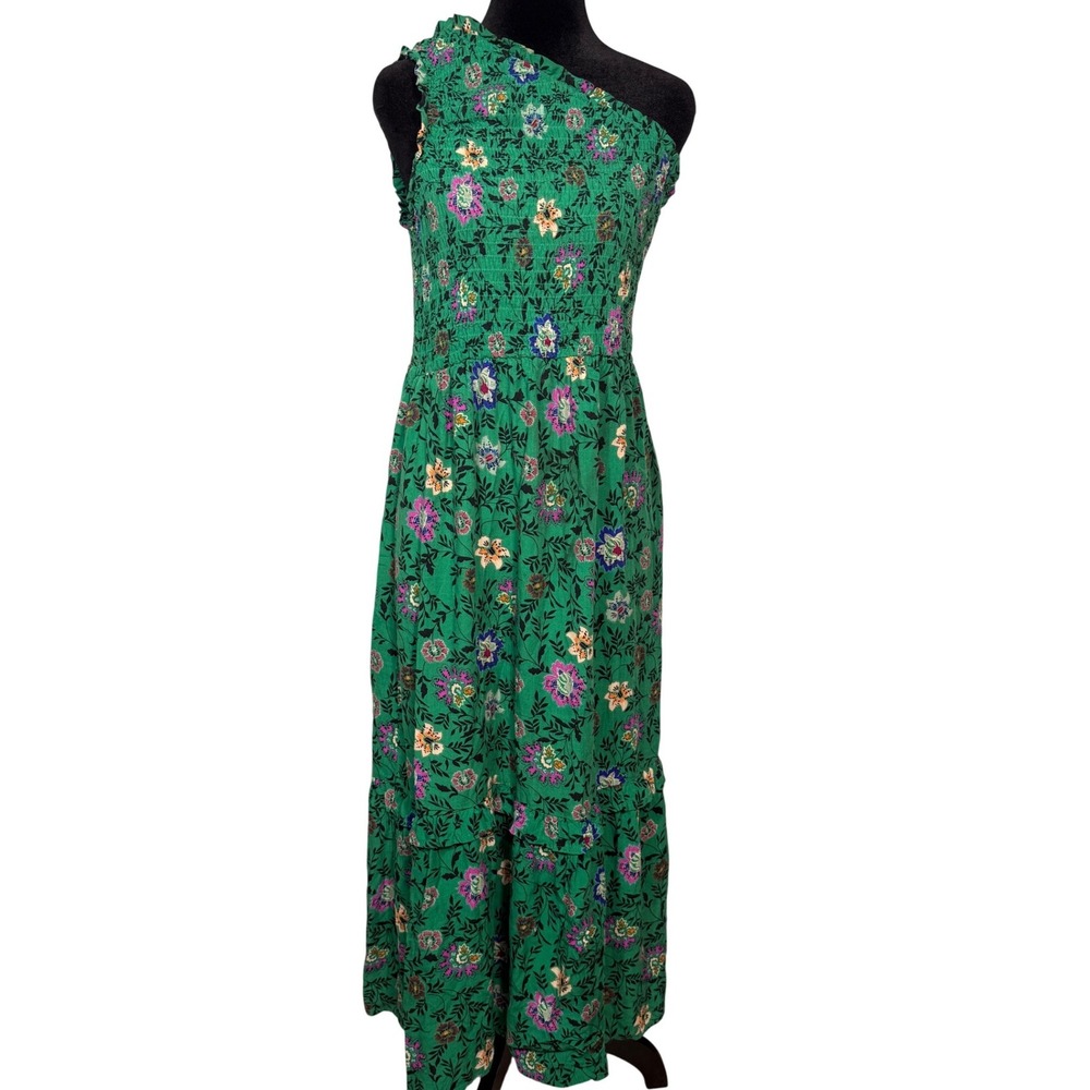 Knox Rose Green Floral One Shoulder Smocked Tiered Maxi Dress Small Boho 654